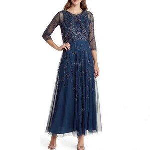 NWT $268 Pisarro Nights Size 2 Beaded Mesh Gown with Jacket in Sapphire